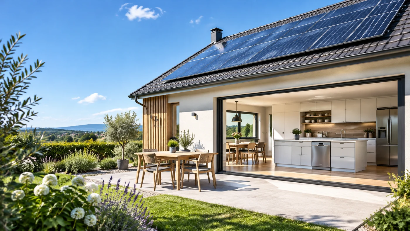 Maison solaire et cuisine visible derrière une baie vitrée, sans écran lisible.