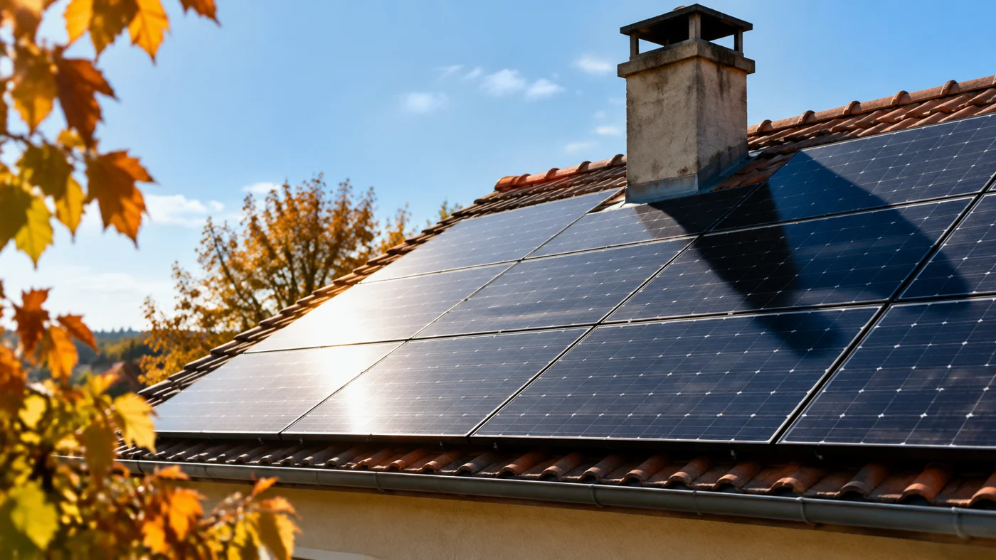 Ombre d'une cheminée sur une toiture équipée de panneaux photovoltaïques.
