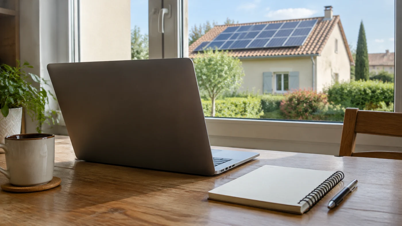Carnet et ordinateur près d’une fenêtre donnant sur une toiture photovoltaïque.