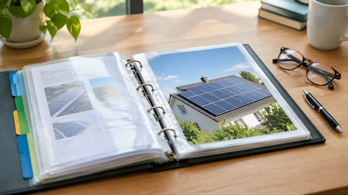 Classeur de documents et garanties d’une installation photovoltaïque sur un bureau.