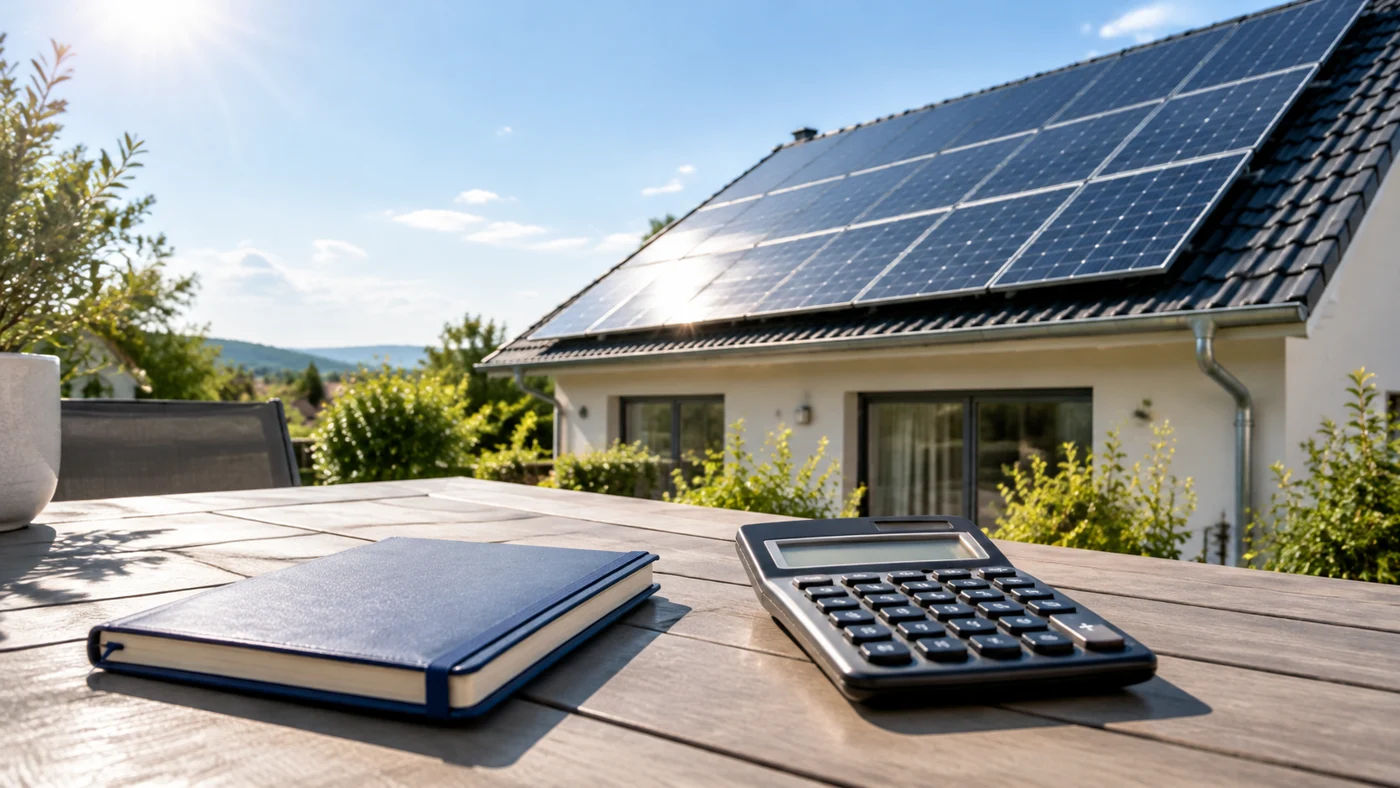Toiture photovoltaïque vue depuis une terrasse avec un carnet et une calculatrice.