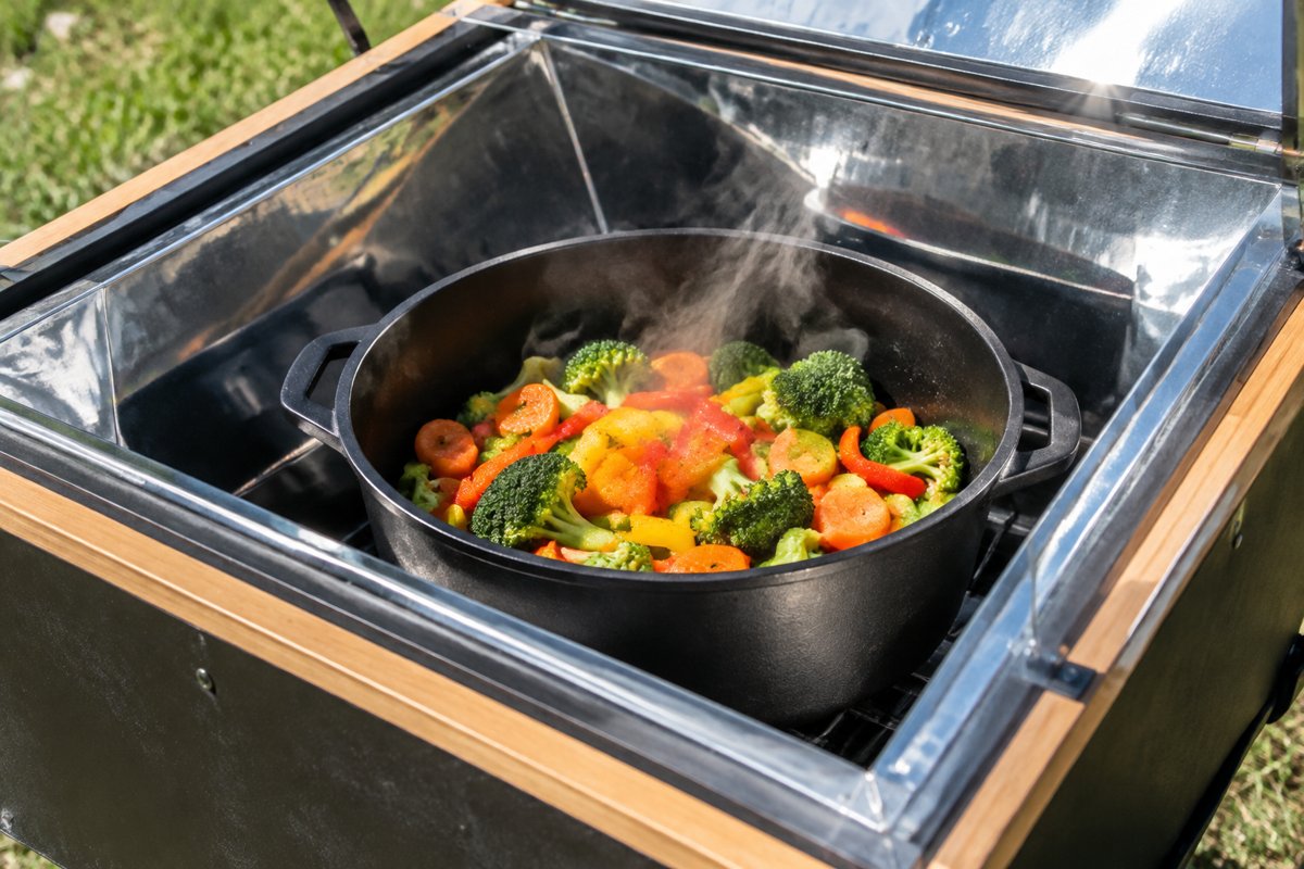 Légumes colorés (carottes, brocolis, poivrons) cuisant doucement dans une cocotte noire à l'intérieur d'un four solaire, vapeur légère