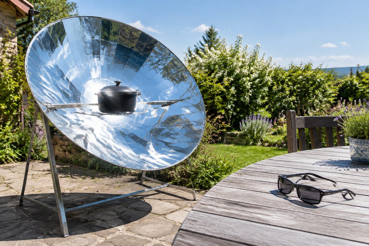 Cuiseur solaire parabolique concentrant la lumière sur une marmite noire, avec des lunettes de soleil posées sur une table de jardin