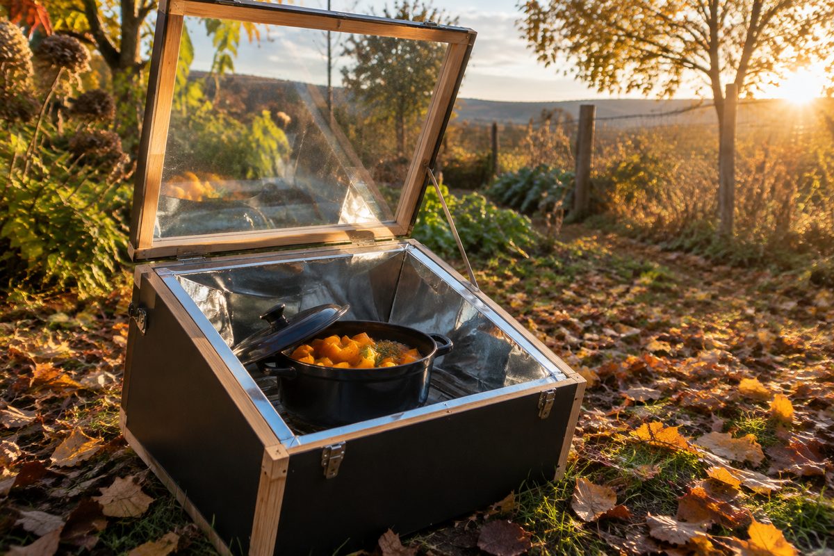 Four solaire boîte ouvert dans un jardin en automne avec une marmite de courge, lumière dorée et feuilles tombées