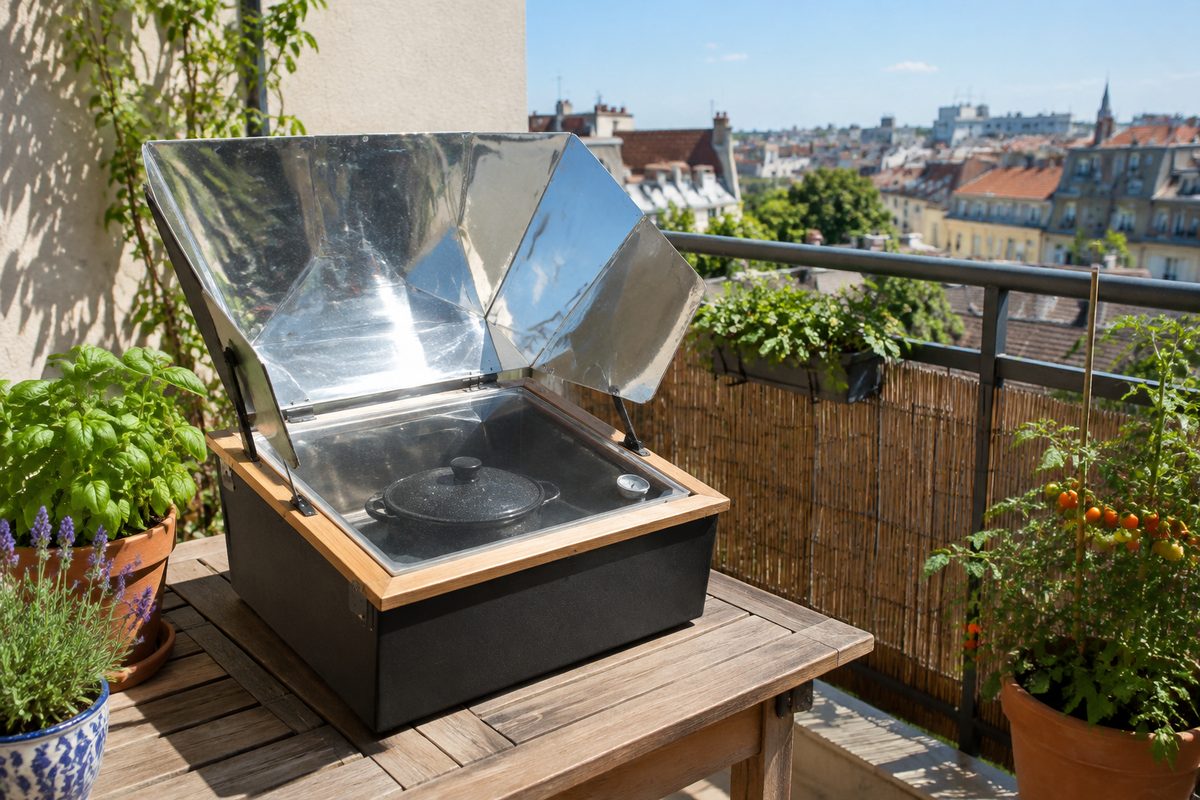 Petit four solaire posé sur un balcon ensoleillé entouré de plantes en pots, toits de la ville en arrière-plan