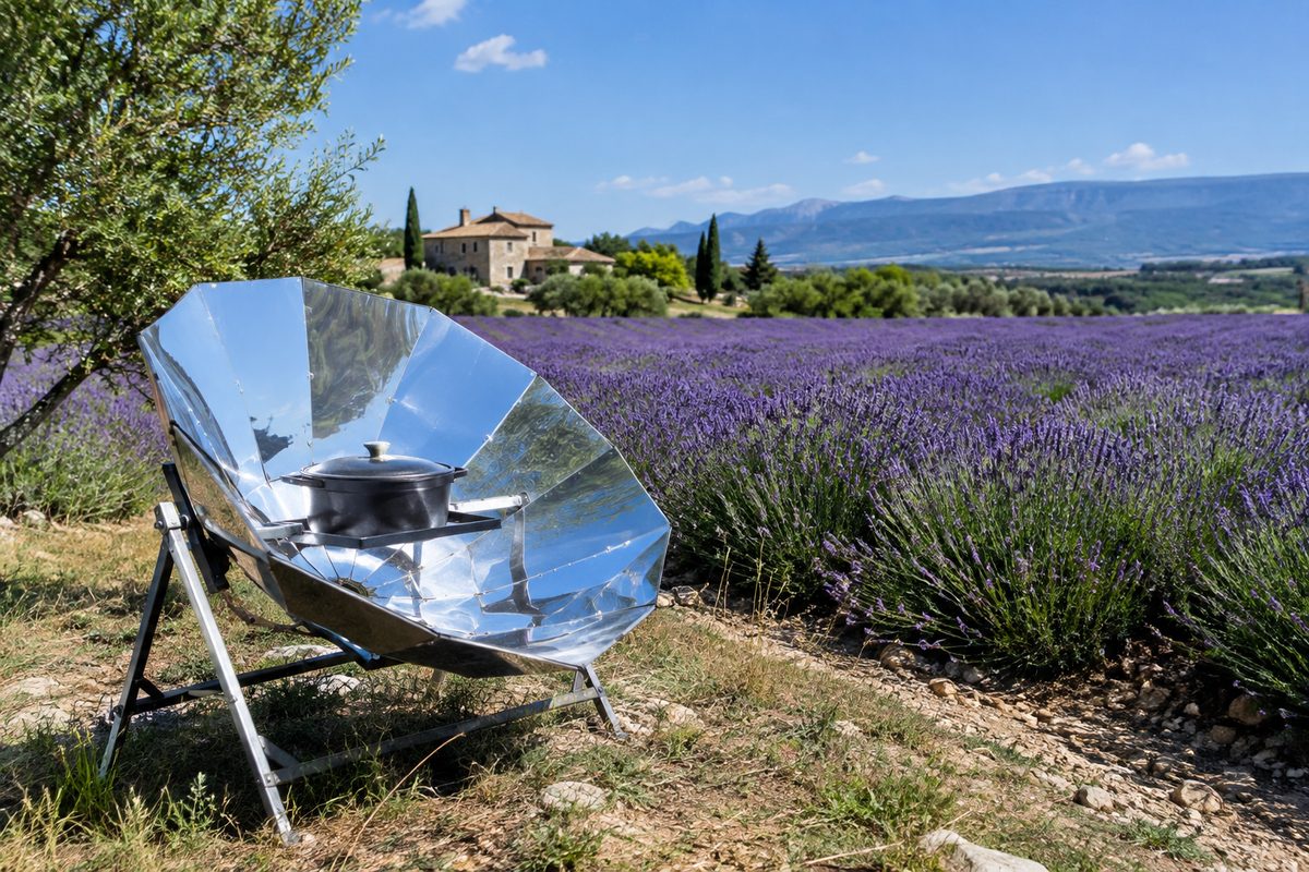 Champ de lavande dans le sud de la France sous un ciel bleu, avec un petit cuiseur solaire au premier plan