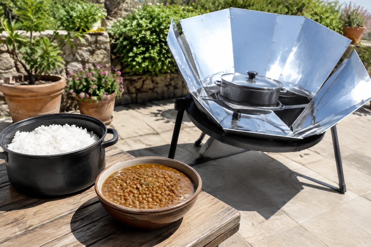 Marmite noire de riz et bol de lentilles posés à côté d’un cuiseur solaire sur une terrasse ensoleillée